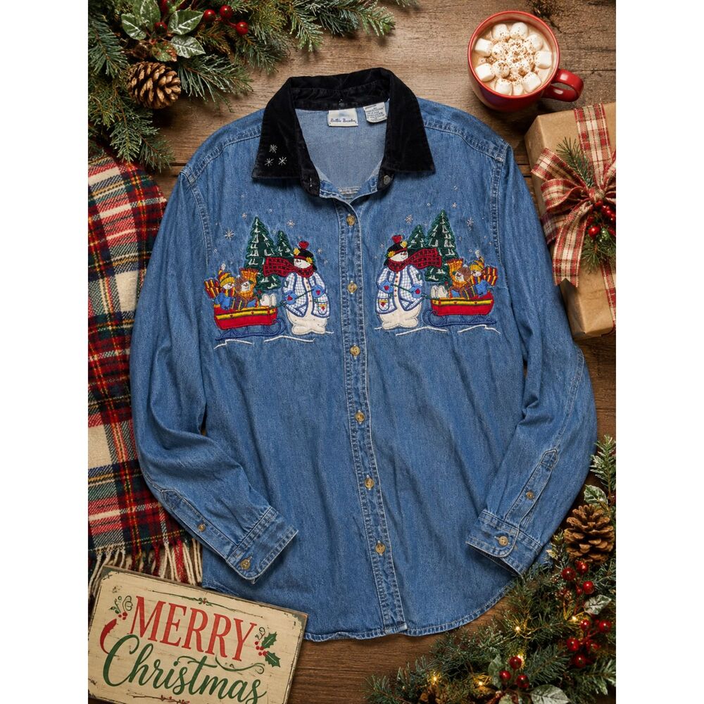 Vintage 90s Christmas Denim Shirt Snowman Embroidered Corduroy Collar XL Teacher